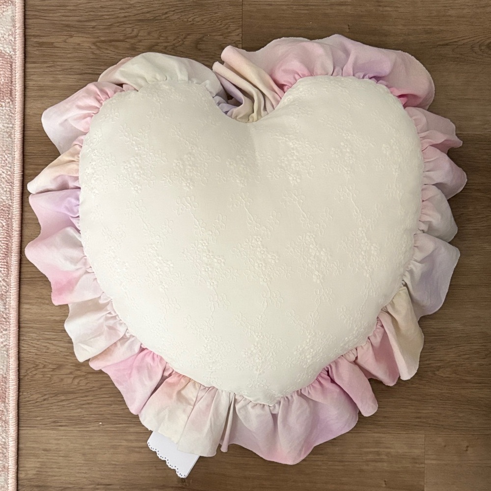 LoveShackFancy Heart-Shaped Cream Pillow with Pink Ruffles